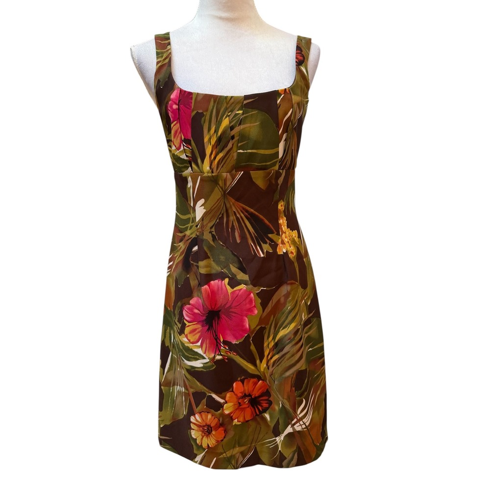 Connected Apparel Women Brown Pink Tropical Hibiscus Floral Sheath Dress 10